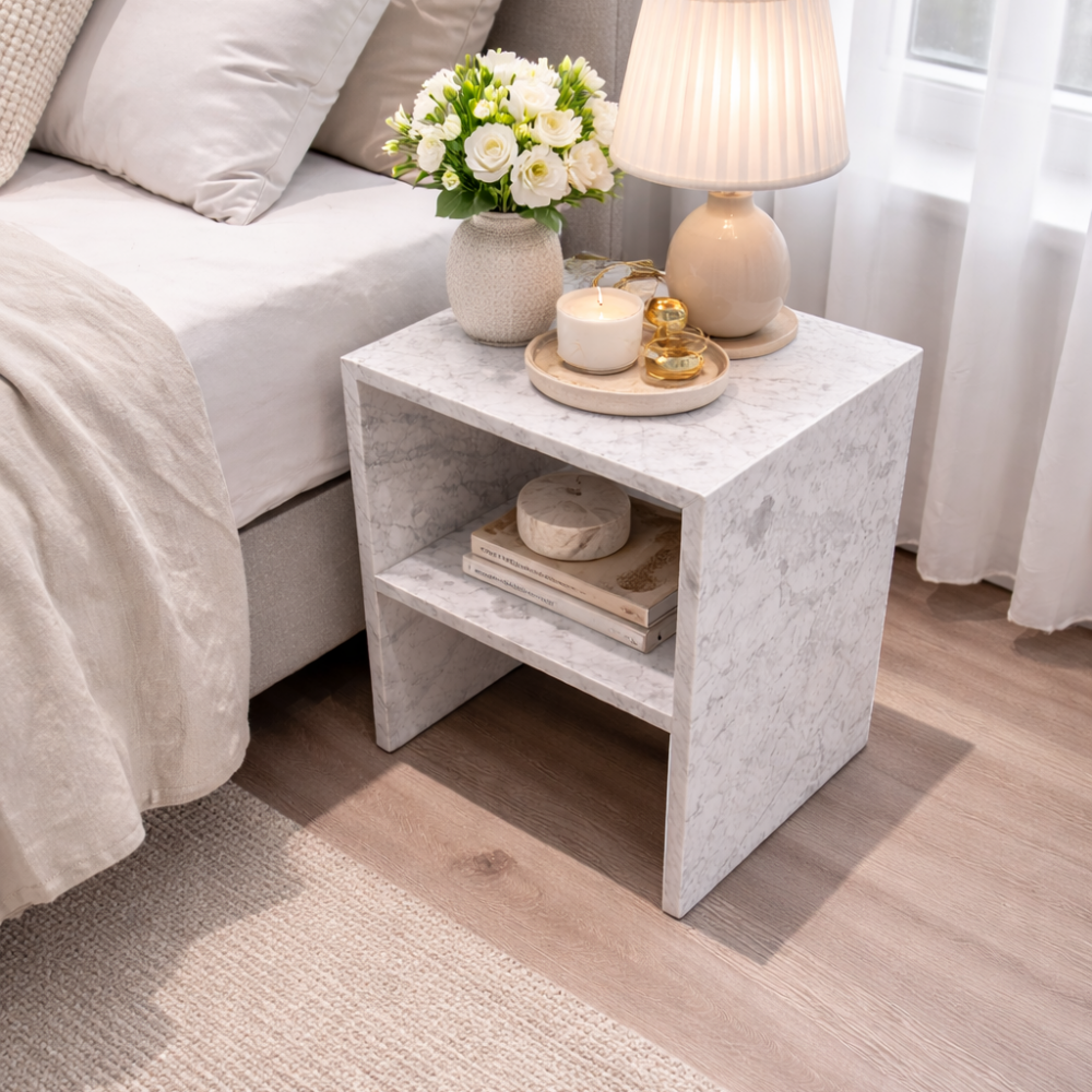 Szafki nocne do sypialni z marmuru Bianco Carrara