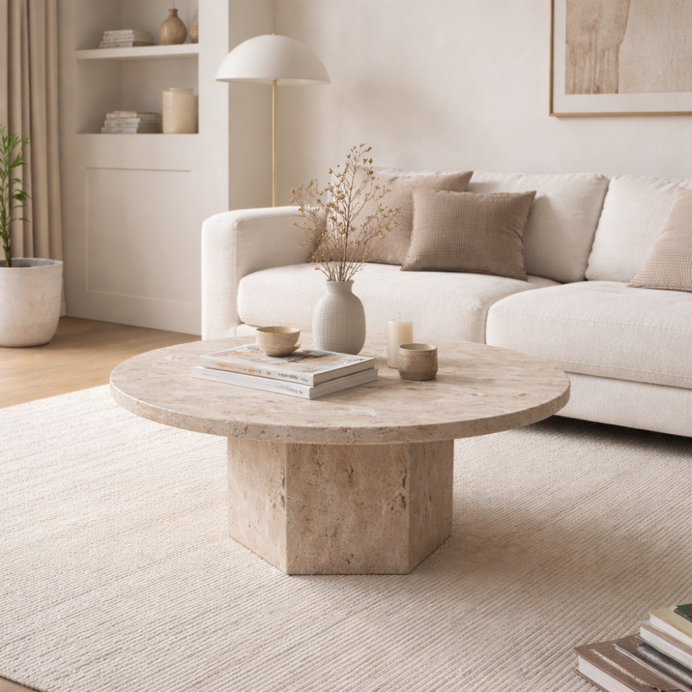 Stolik kawowy z trawertynu (podstawa sześcienna)