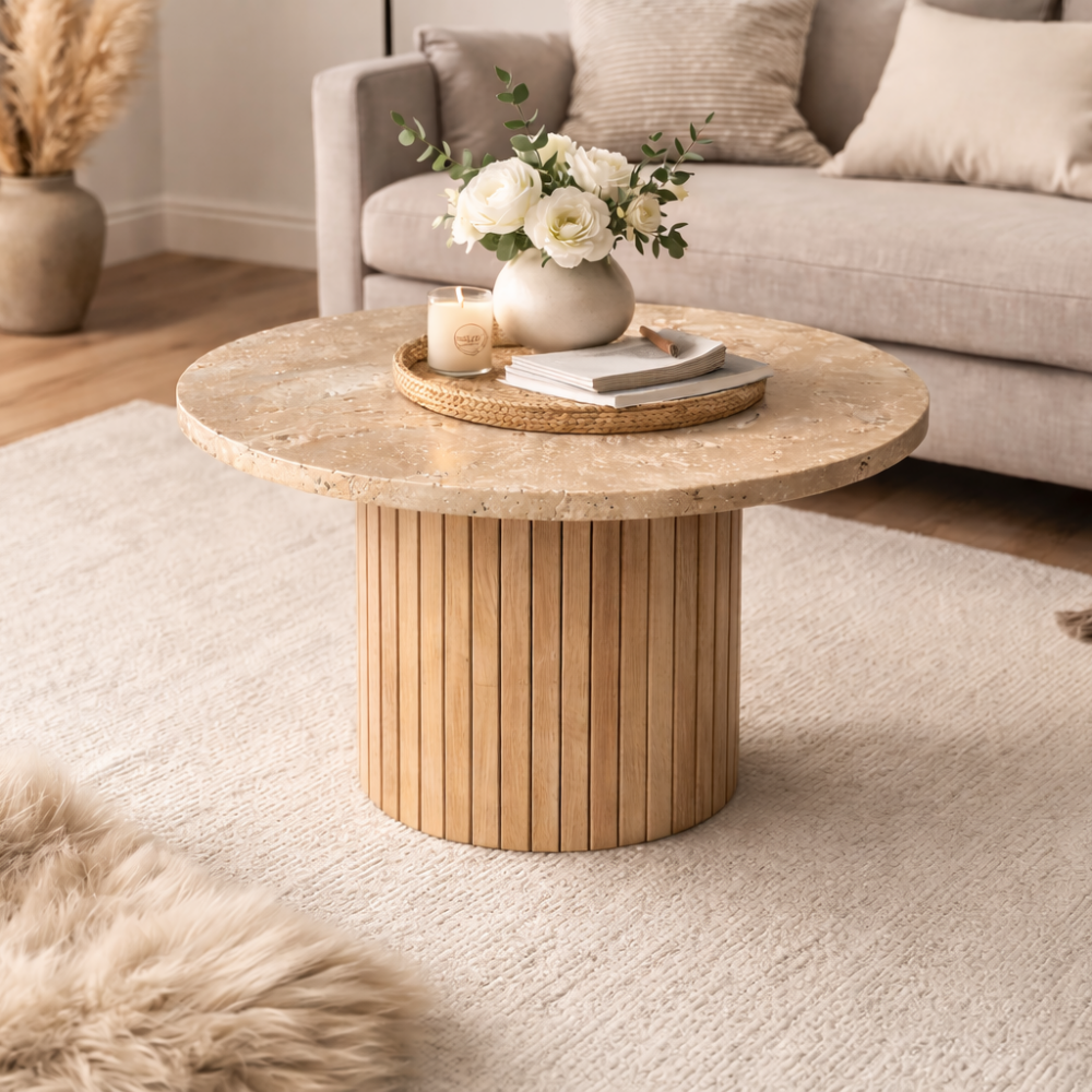 Stolik ryflowany z trawertynowym blatem