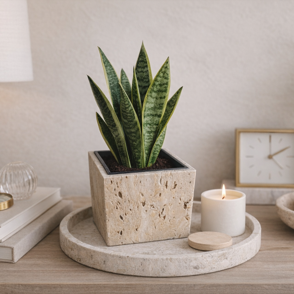 Kwadratowa doniczka z trawertynu