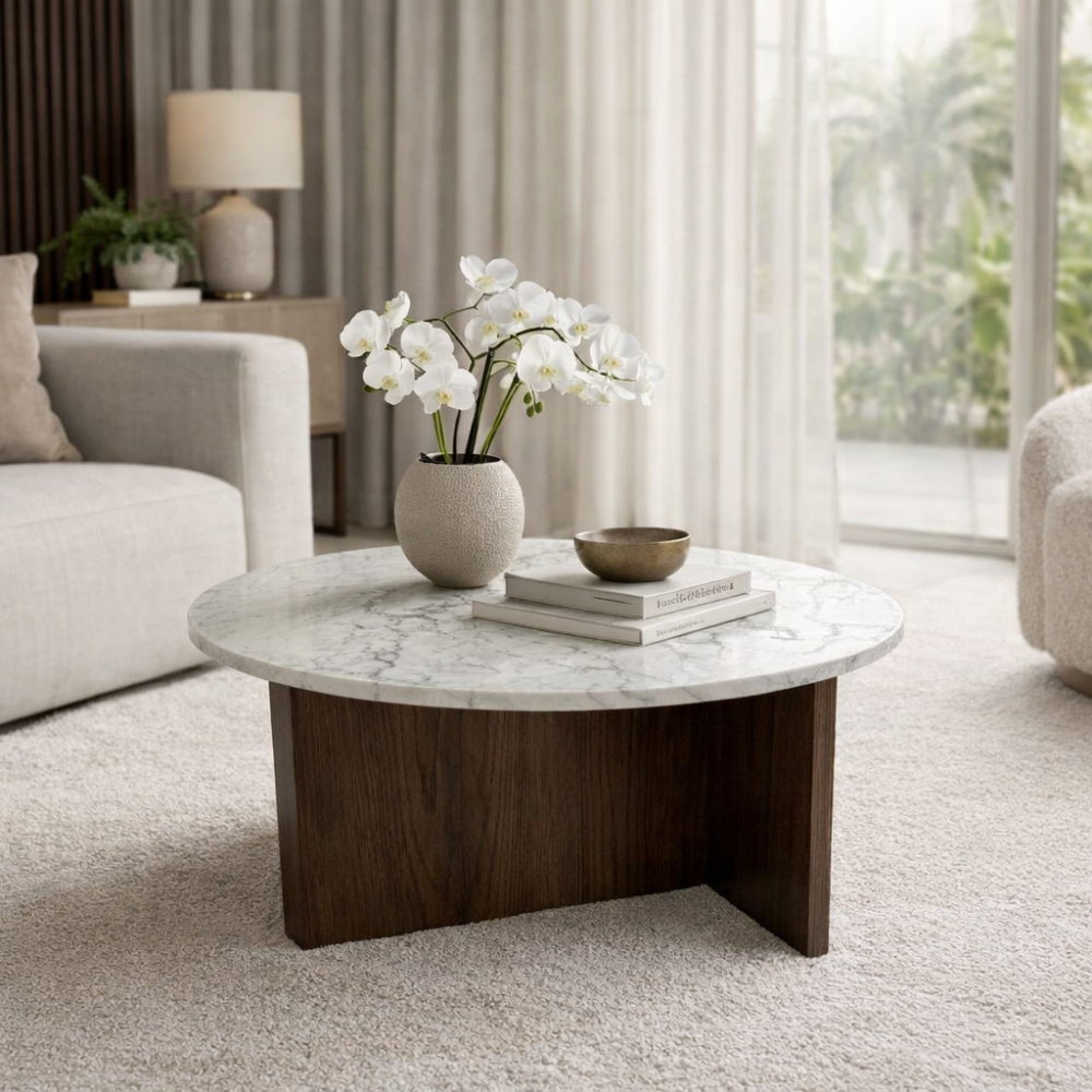 Stolik carrara z dębową podstawą