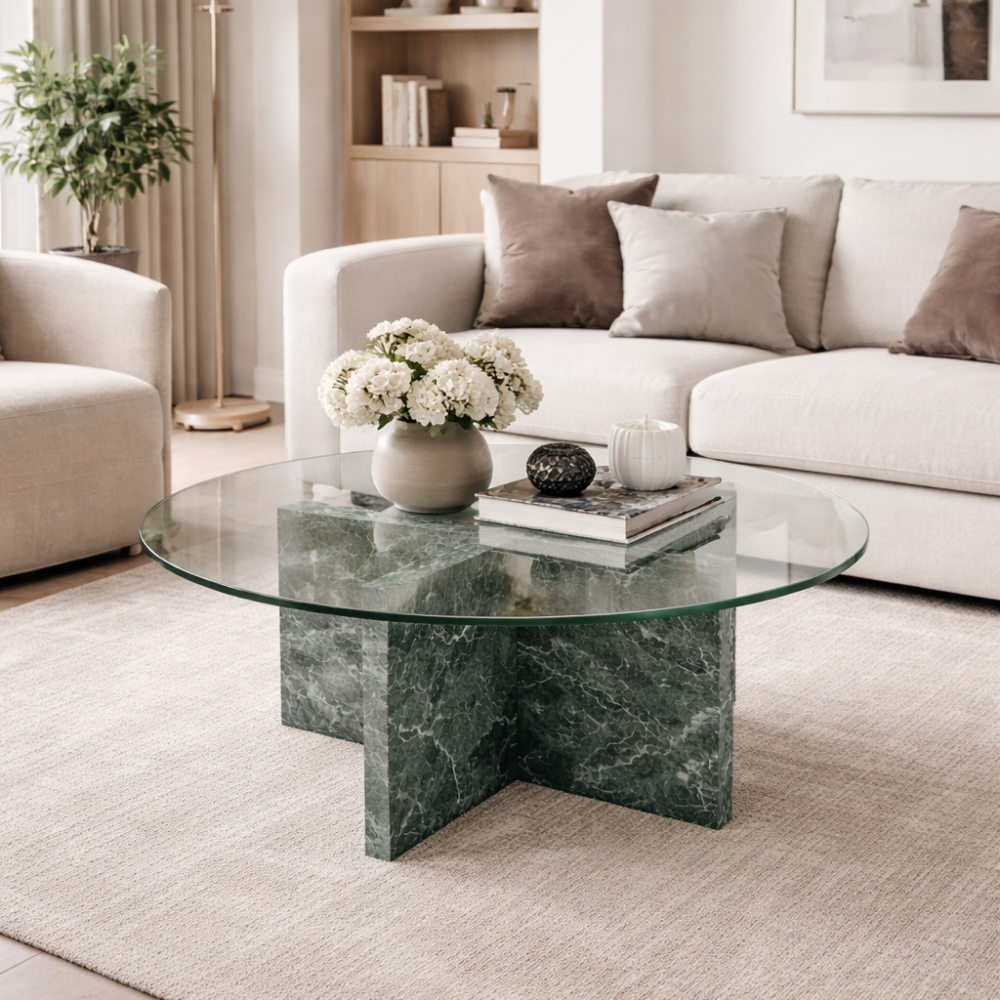 Stolik kawowy z marmuru Verde Guatemala i szklanym blatem