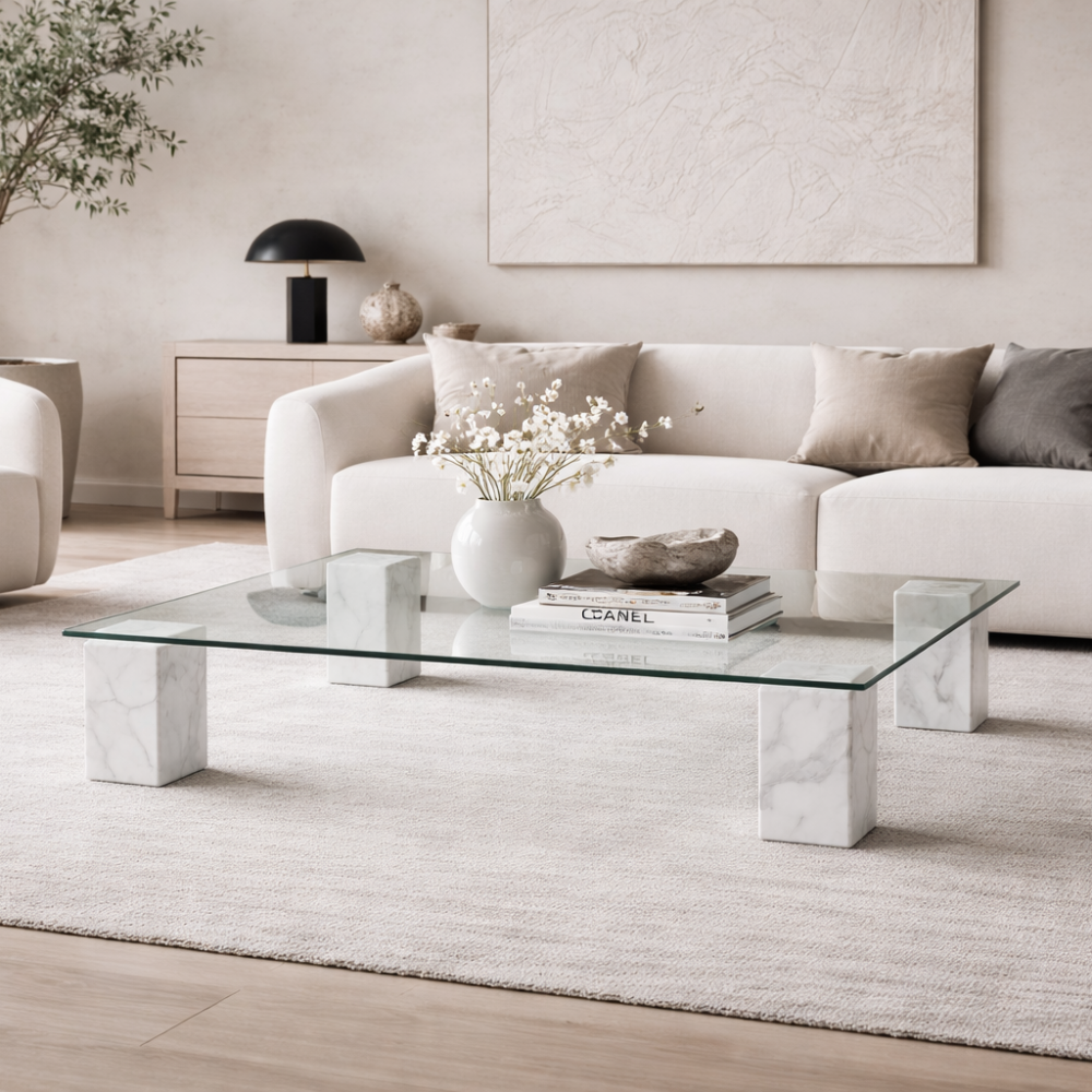 Stolik kawowy Bianco Carrara ze szklanym blatem